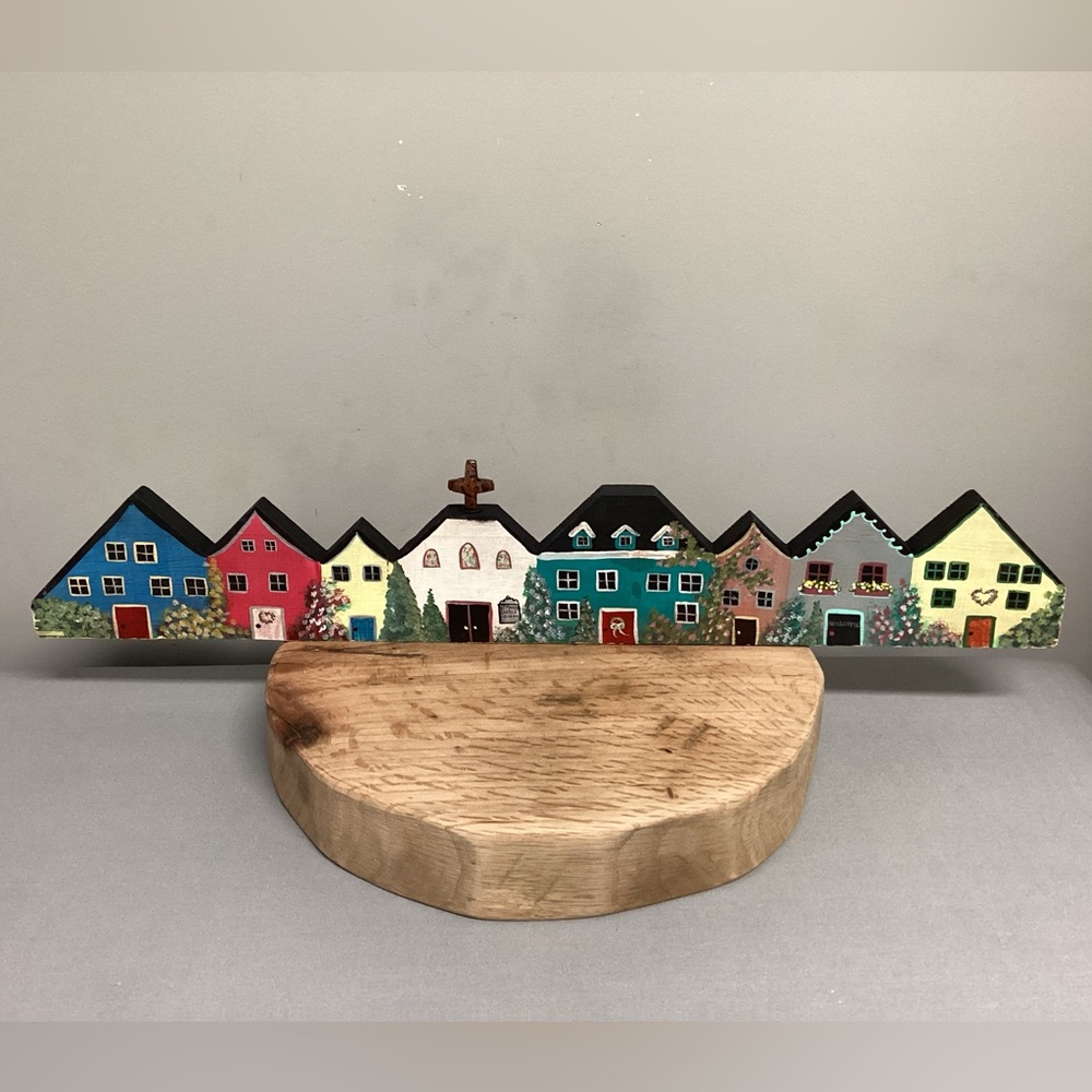 🔵 Beautiful Hand Painted Row of Homes & Church - Solid Wood - Very Unique Decor - Picture 2 of 15